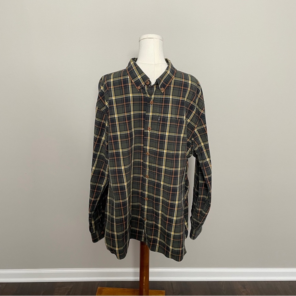 Duluth Trading Shirt Untucked Plaid Button Up Pockets Olive Green Blue Yellow